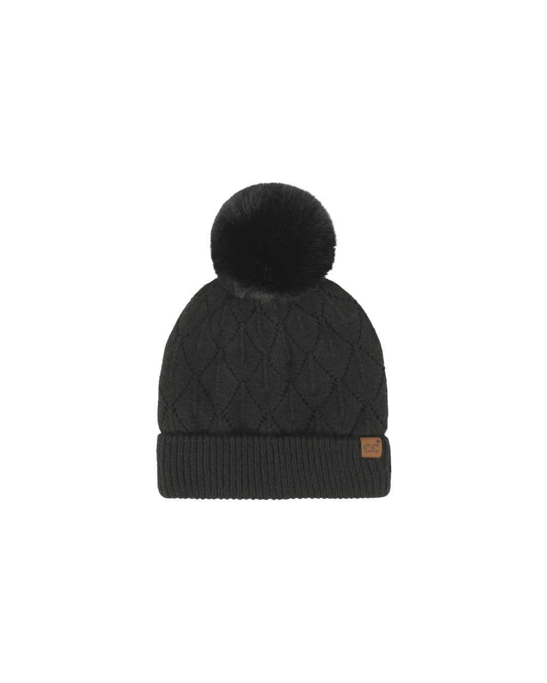 Leaf Pattern Pom Hat Black
