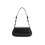 Black handbag with a strap on a white background
