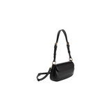 Black handbag with a strap on a white background