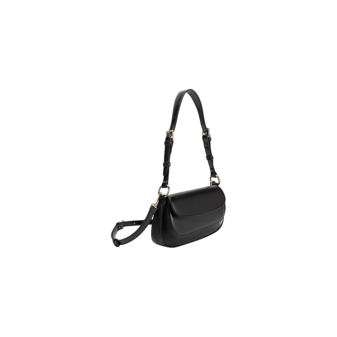 Black handbag with a strap on a white background