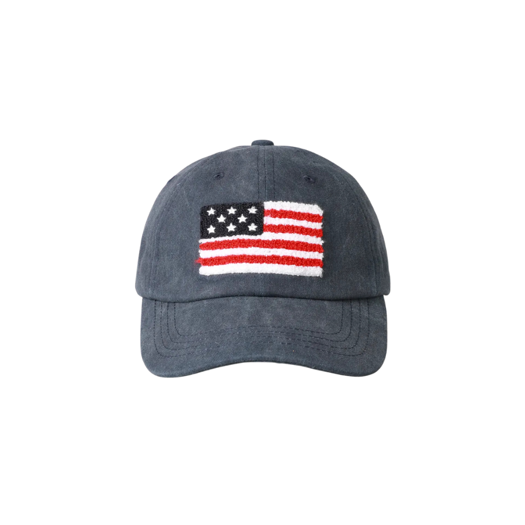 Blue cap with American flag patch on a white background