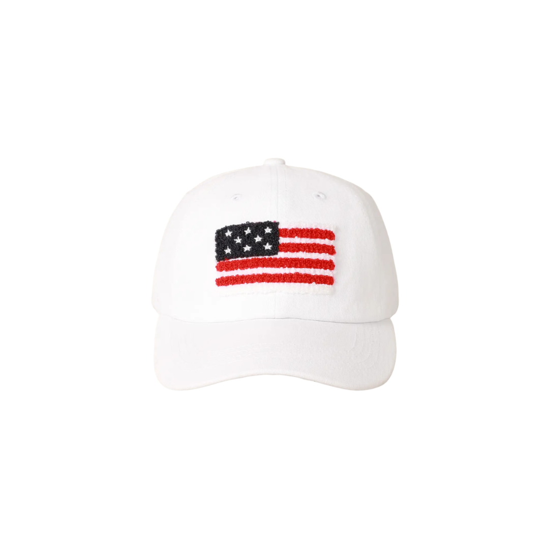 White cap with American flag design on a white background