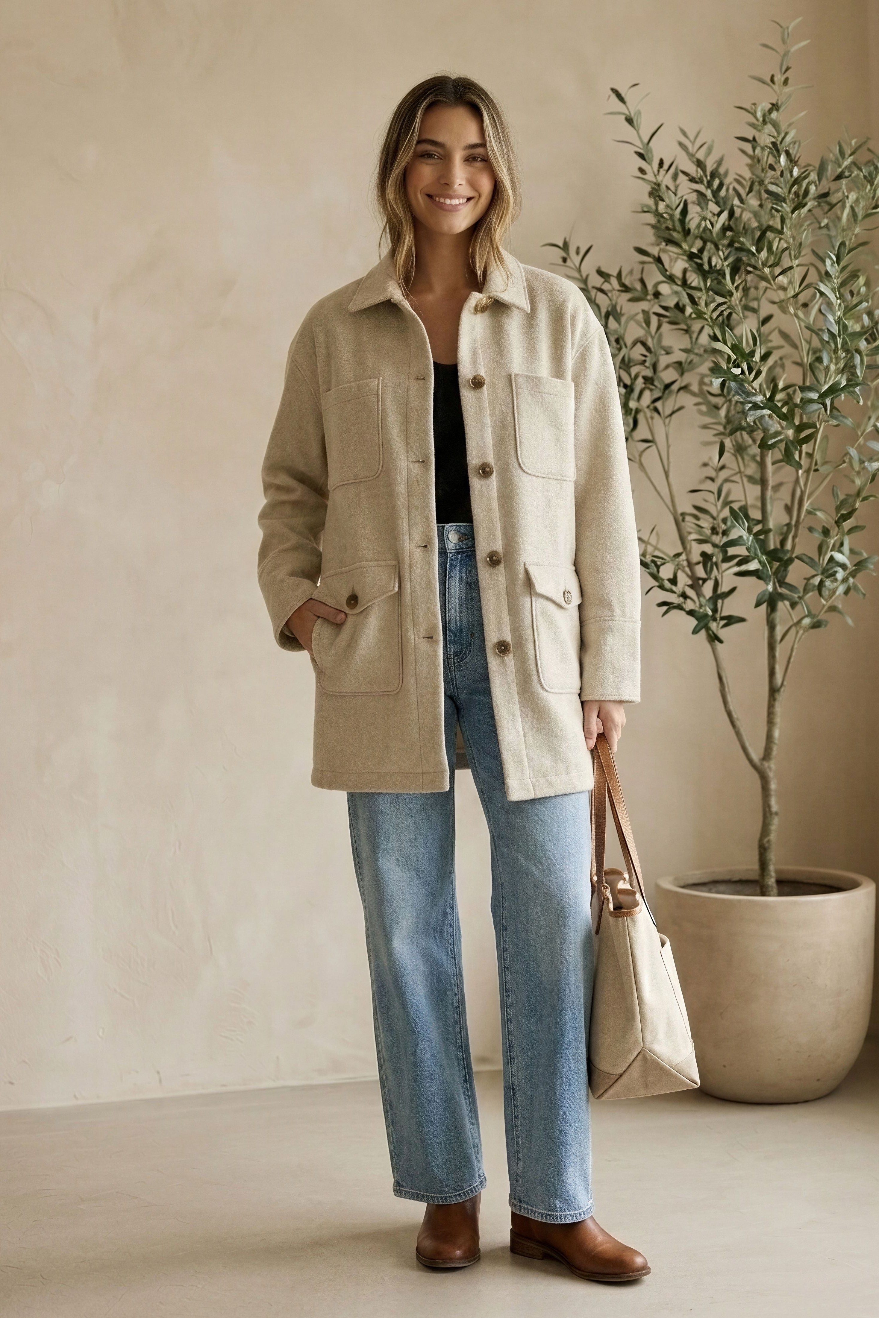 Anna Five Button Coat Cream