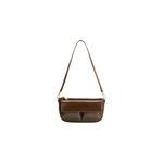 Brown leather handbag with a strap on a white background