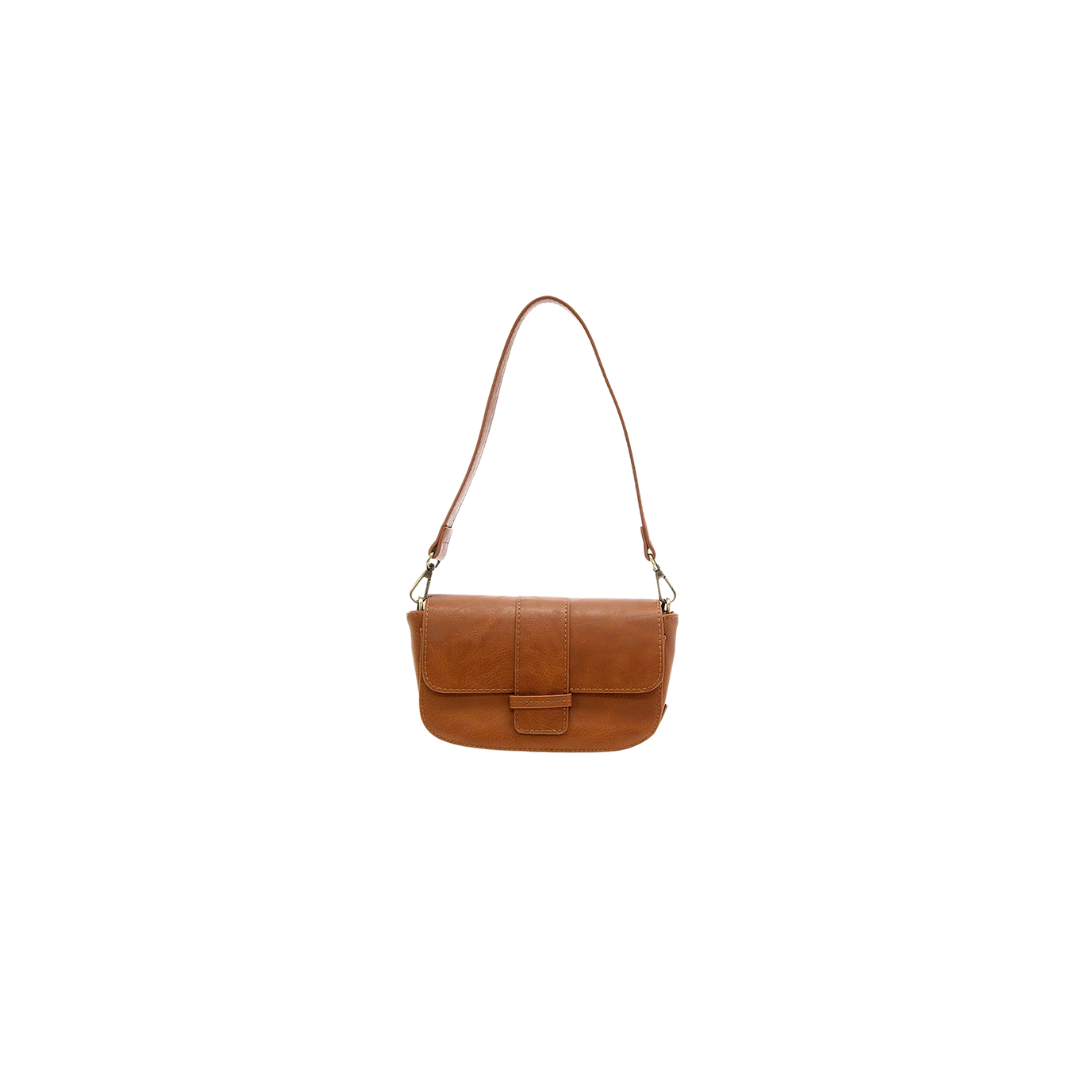 Brown leather handbag with a strap on a white background