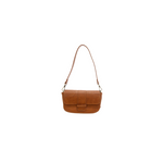 Brown leather handbag with a strap on a white background
