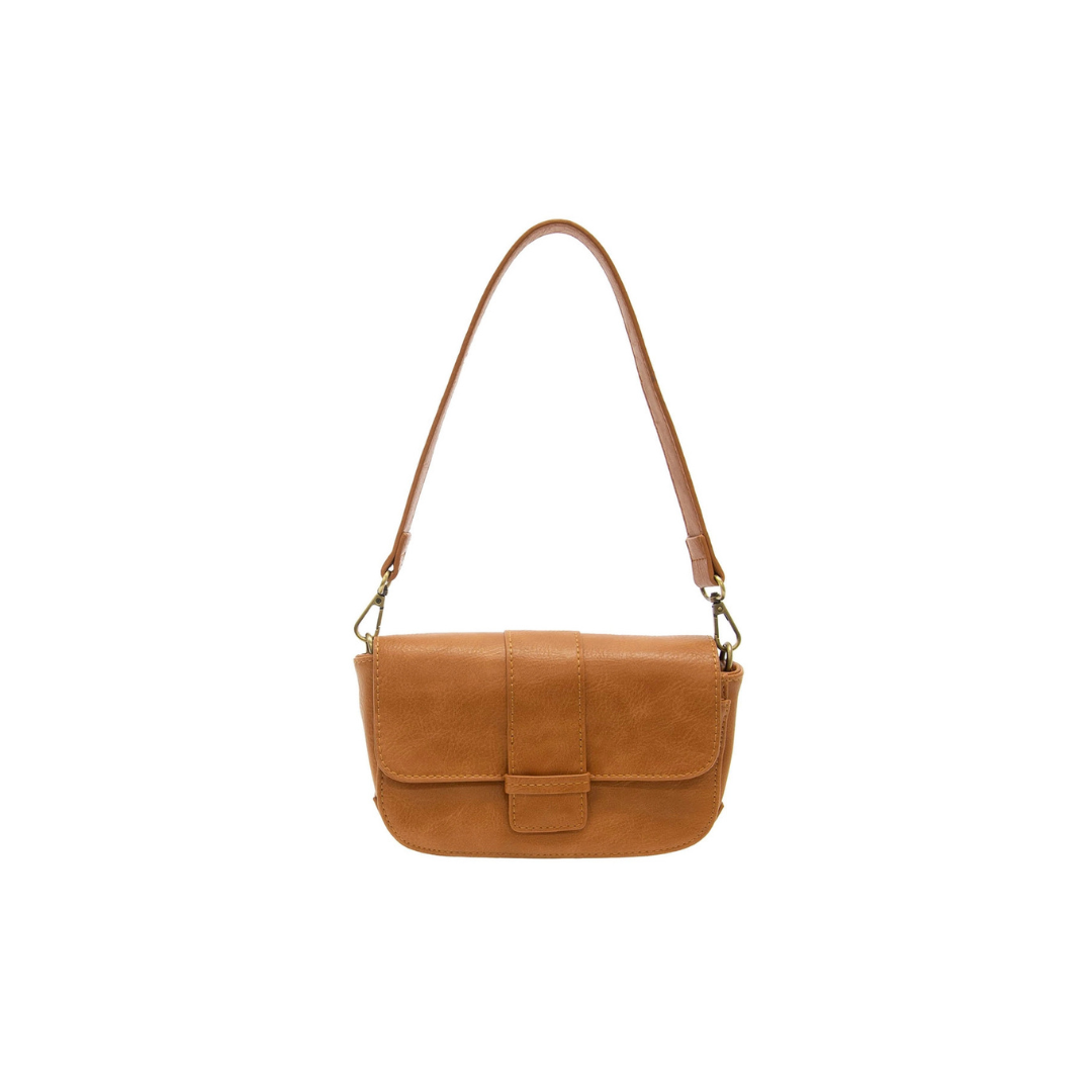 Brown leather handbag with a strap on a white background