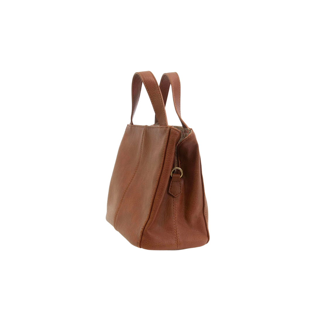 Brown leather backpack on a white background