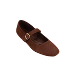Brown flat shoe with a strap on a white background