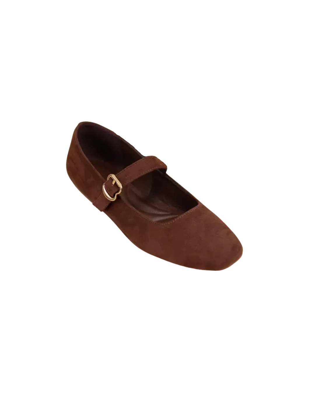 Brown flat shoe with a strap on a white background