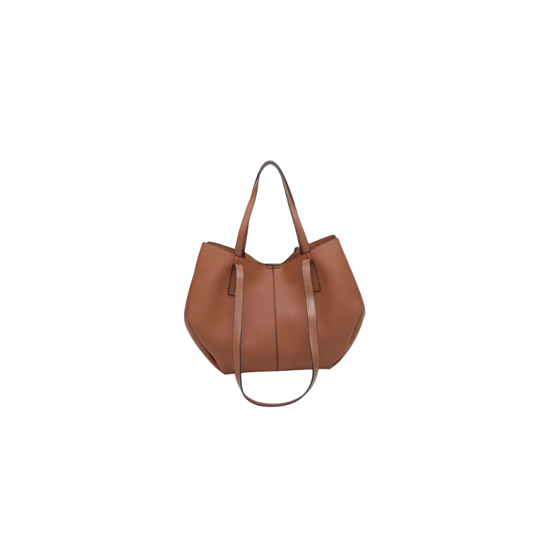 Brown leather handbag on a white background
