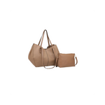 Beige handbag with matching pouch on a white background