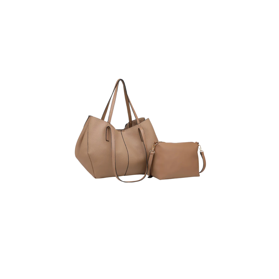 Beige handbag with matching pouch on a white background