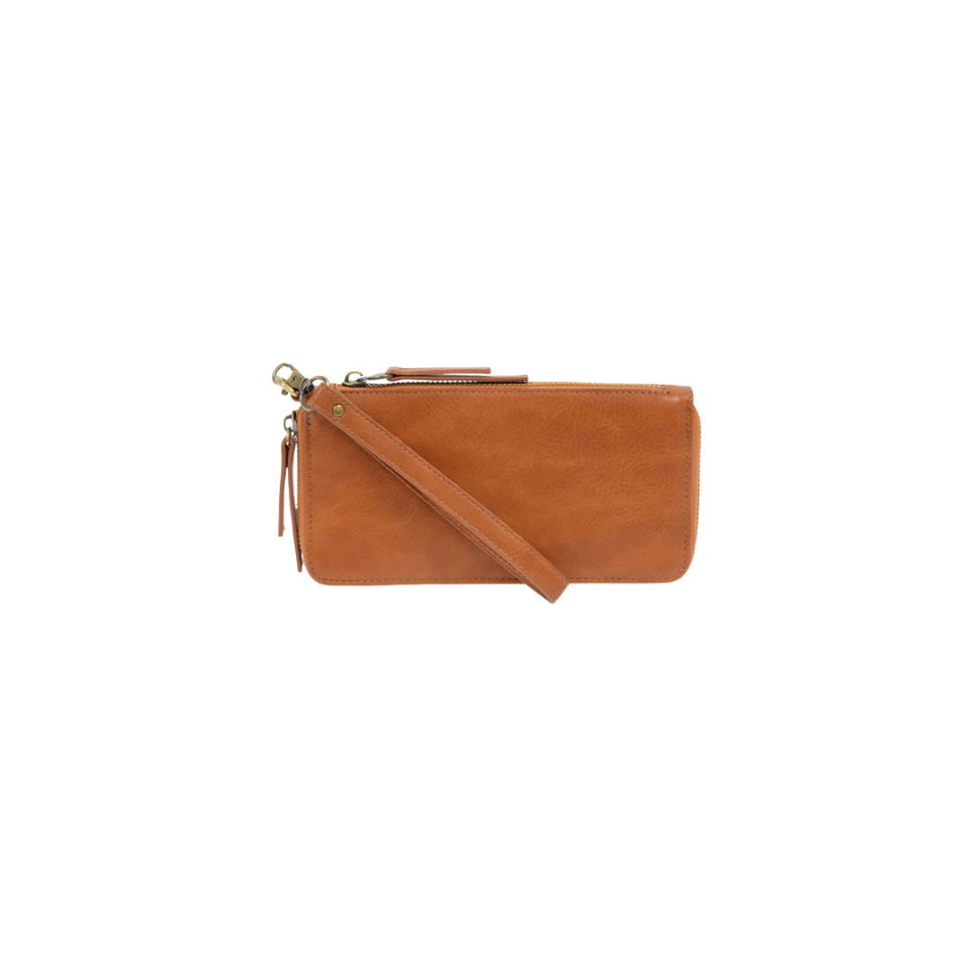 Brown leather clutch bag with a strap on a white background