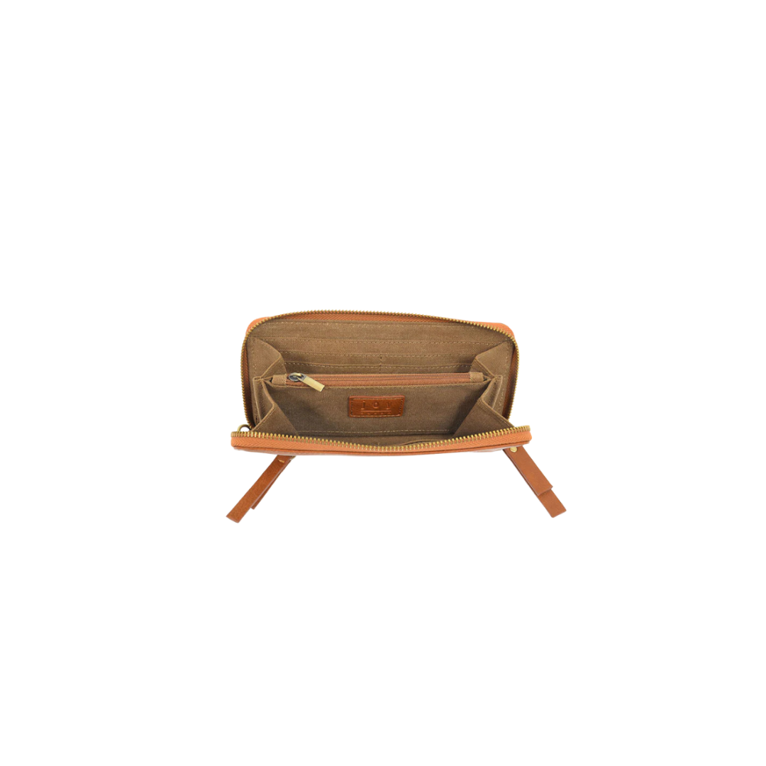Small brown leather pouch with zipper on a white background