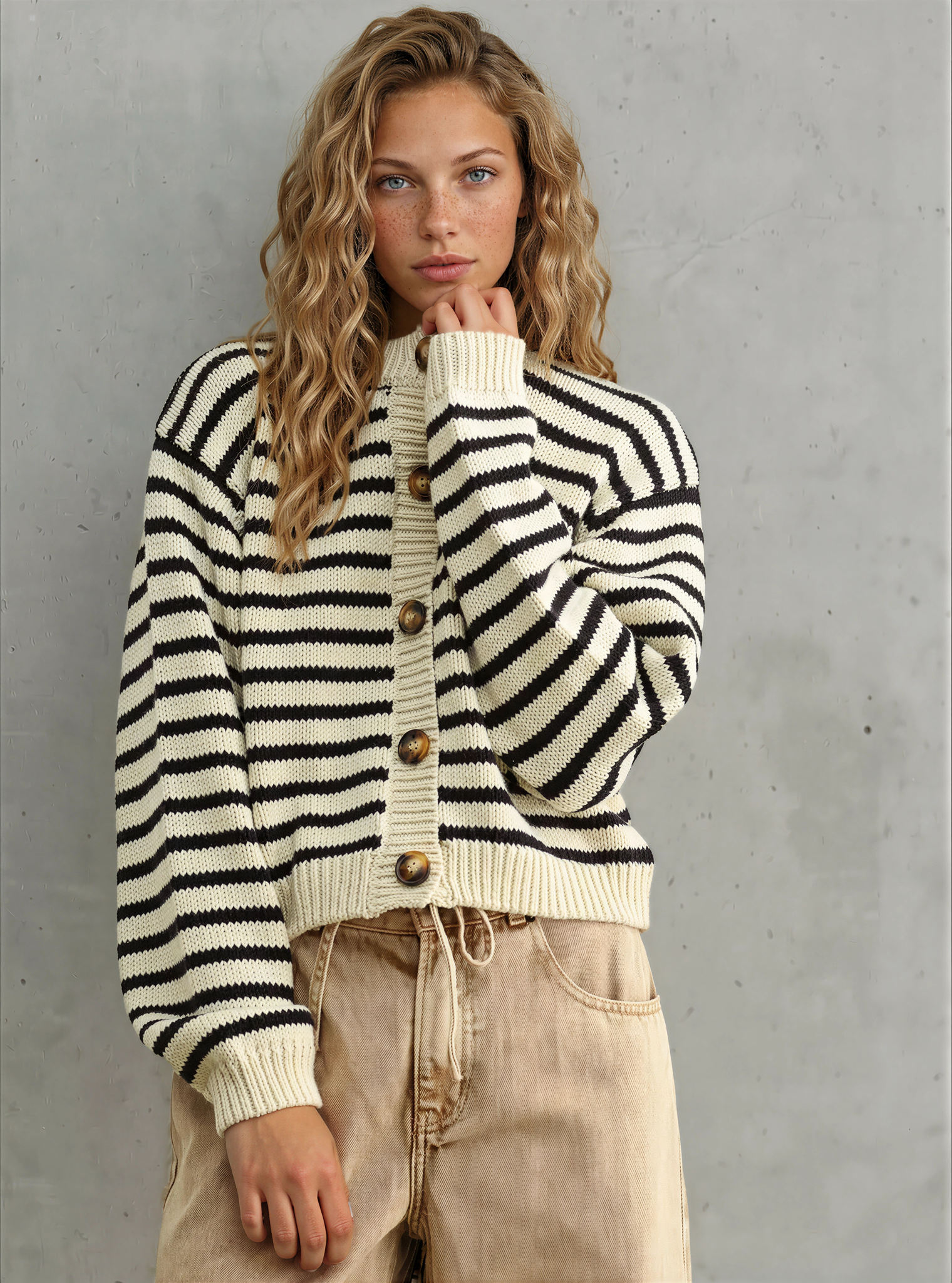 Woman wearing a black and white striped sweater with wooden buttons against a gray background