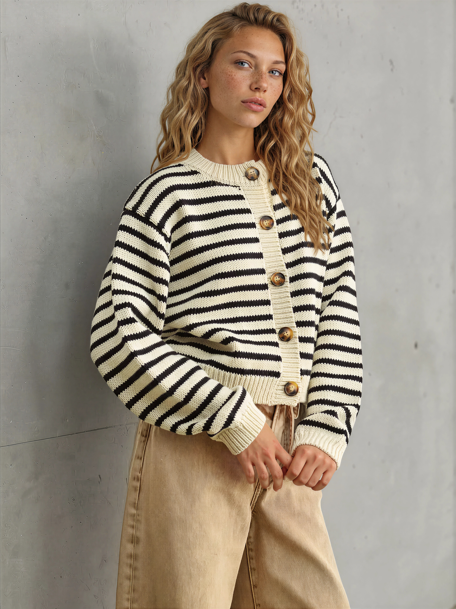 Woman wearing a black and white striped sweater against a gray wall