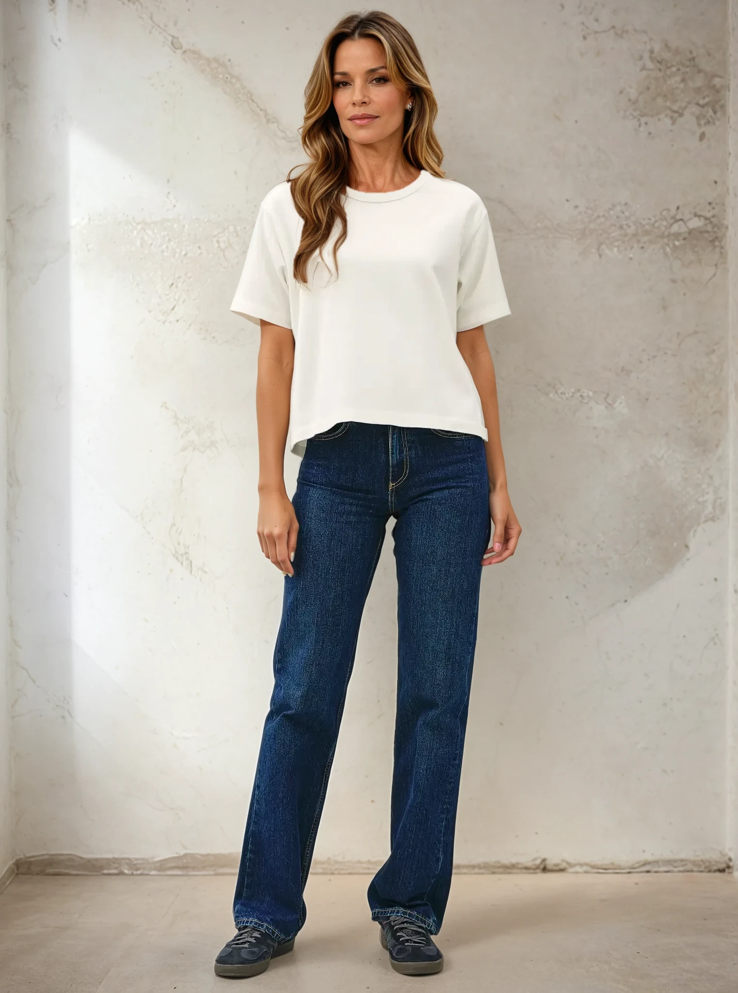 Woman wearing a white t-shirt and blue jeans against a textured wall.