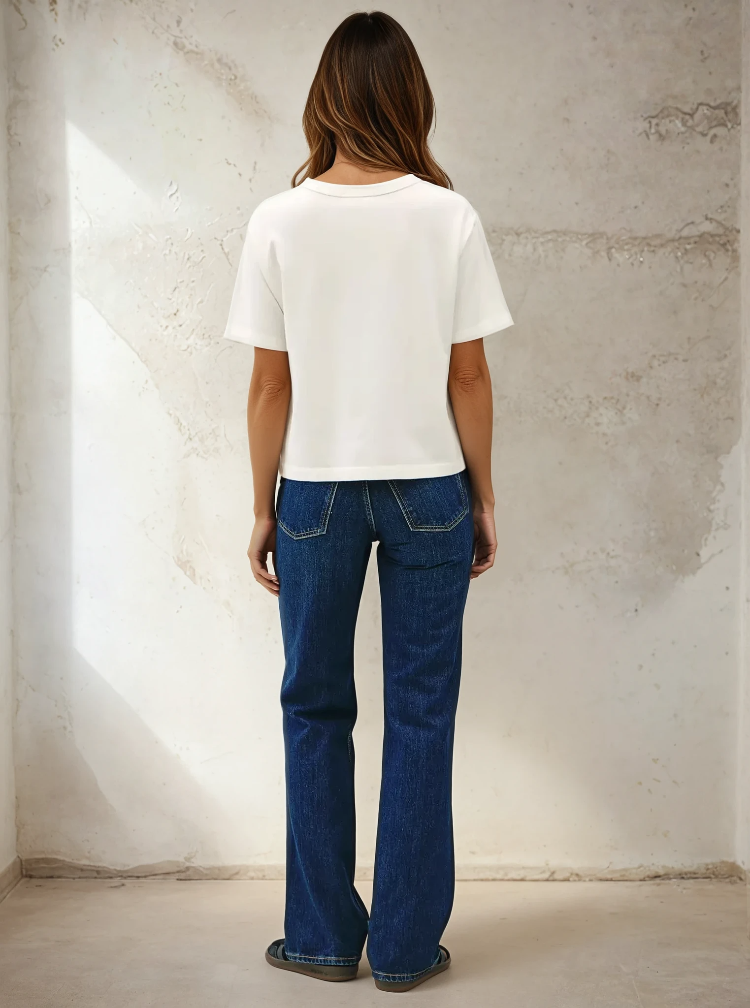Person wearing a white t-shirt and blue jeans standing against a plain wall.
