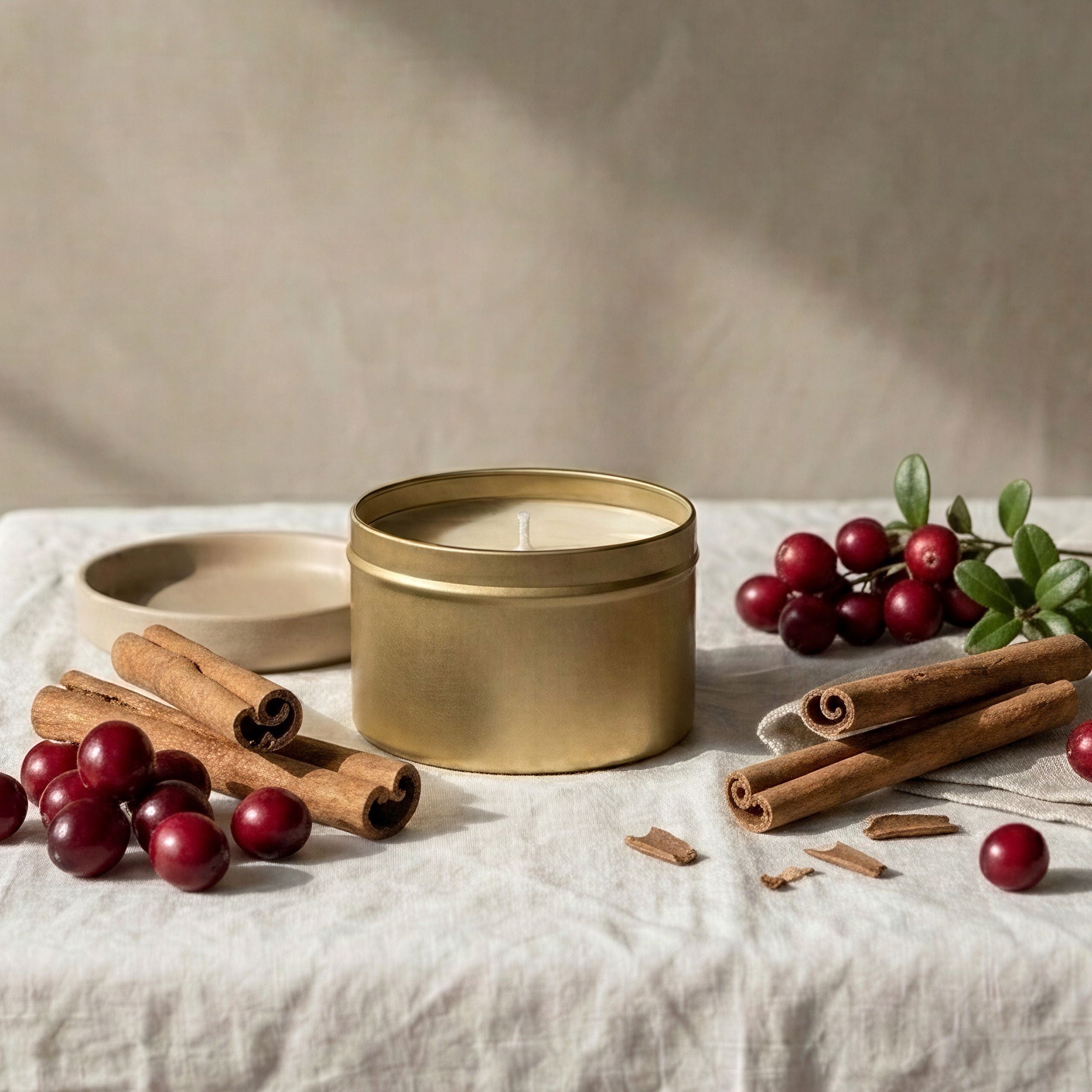 Gold candle and cinnamon sticks on a white cloth with red berries against a beige wall