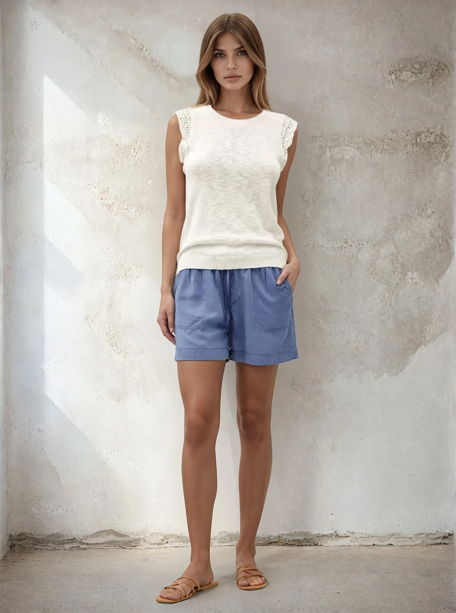Woman wearing a white sleeveless top and blue shorts standing against a textured wall.