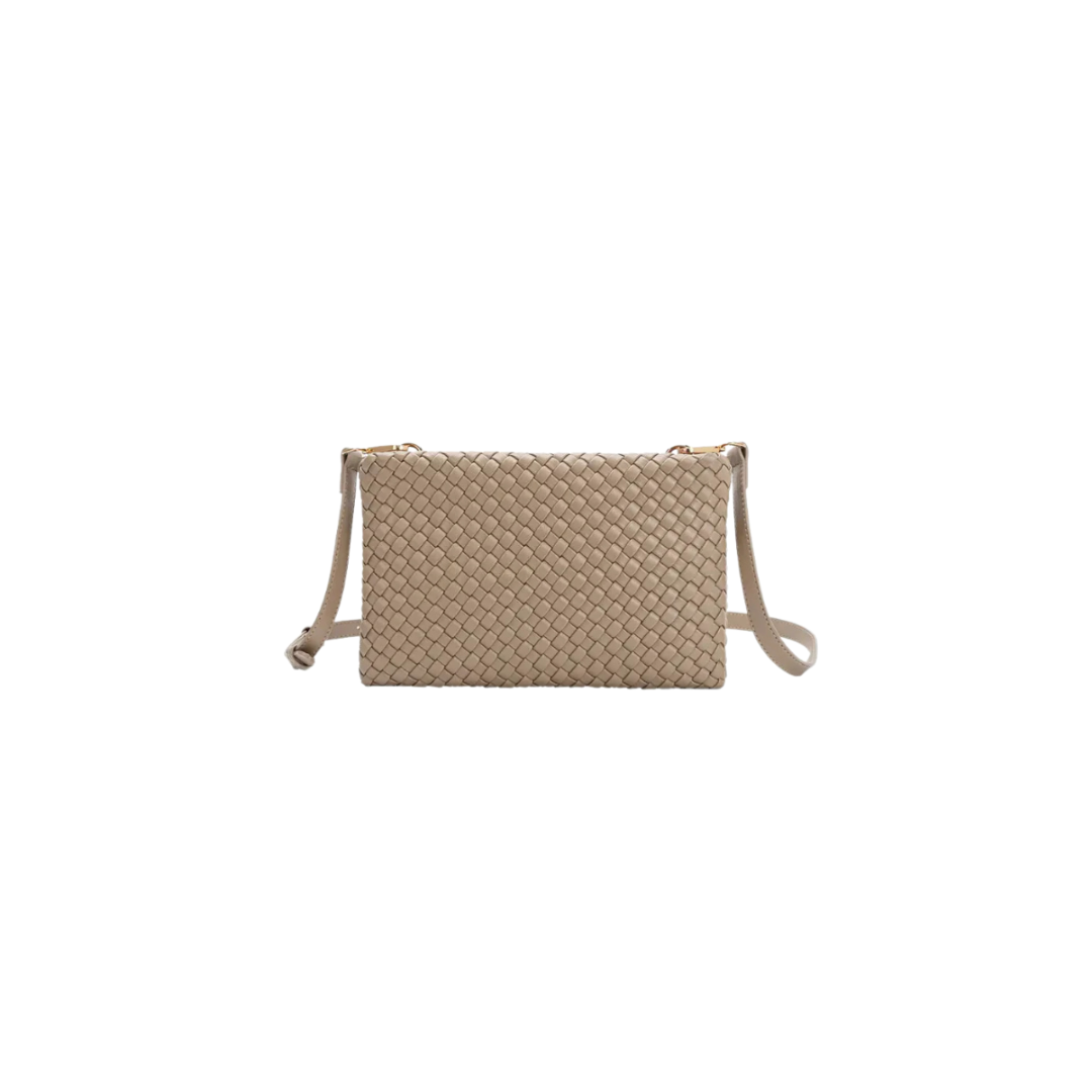 Beige woven handbag on a white background