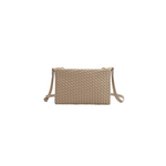 Beige woven handbag on a white background