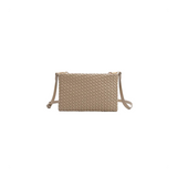 Beige woven handbag on a white background