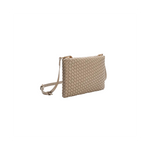 Beige woven handbag with a strap on a white background