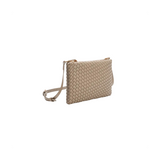 Beige woven handbag with a strap on a white background