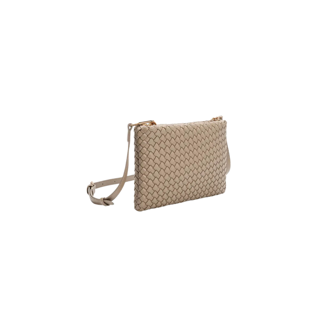 Beige woven handbag with a strap on a white background