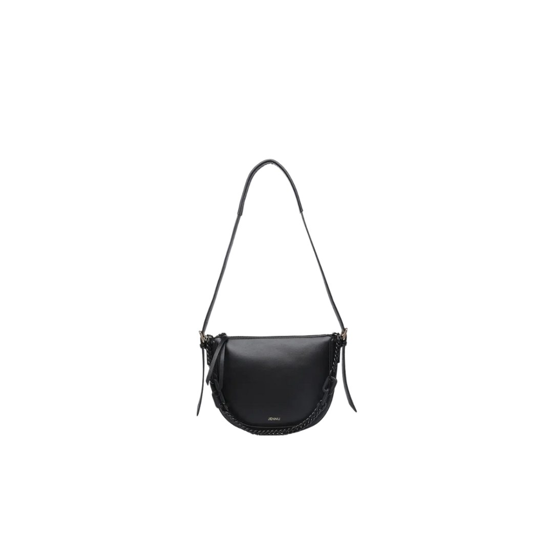 Black leather crossbody bag on a white background