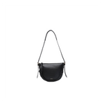 Black leather crossbody bag on a white background