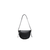 Black leather crossbody bag on a white background