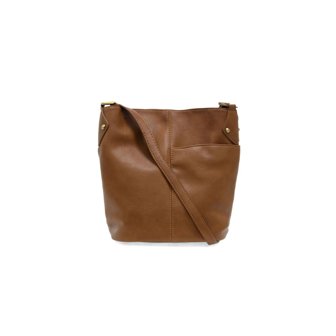Brown leather shoulder bag on a white background