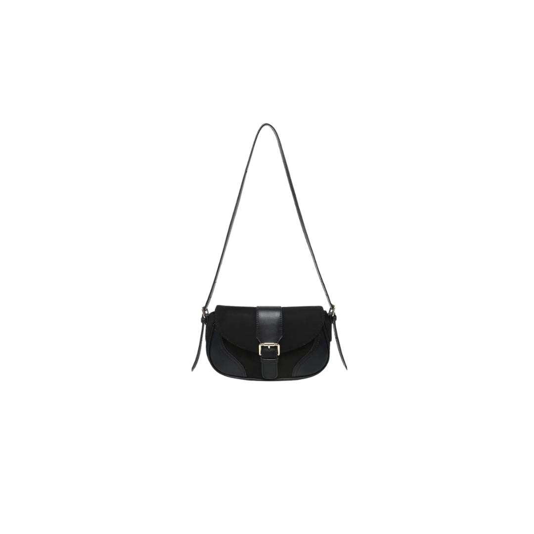 Black handbag with a strap on a white background