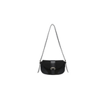 Black handbag with a strap on a white background