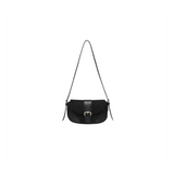 Black handbag with a strap on a white background