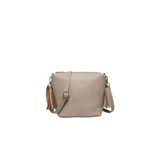 Beige handbag with brown straps on a white background