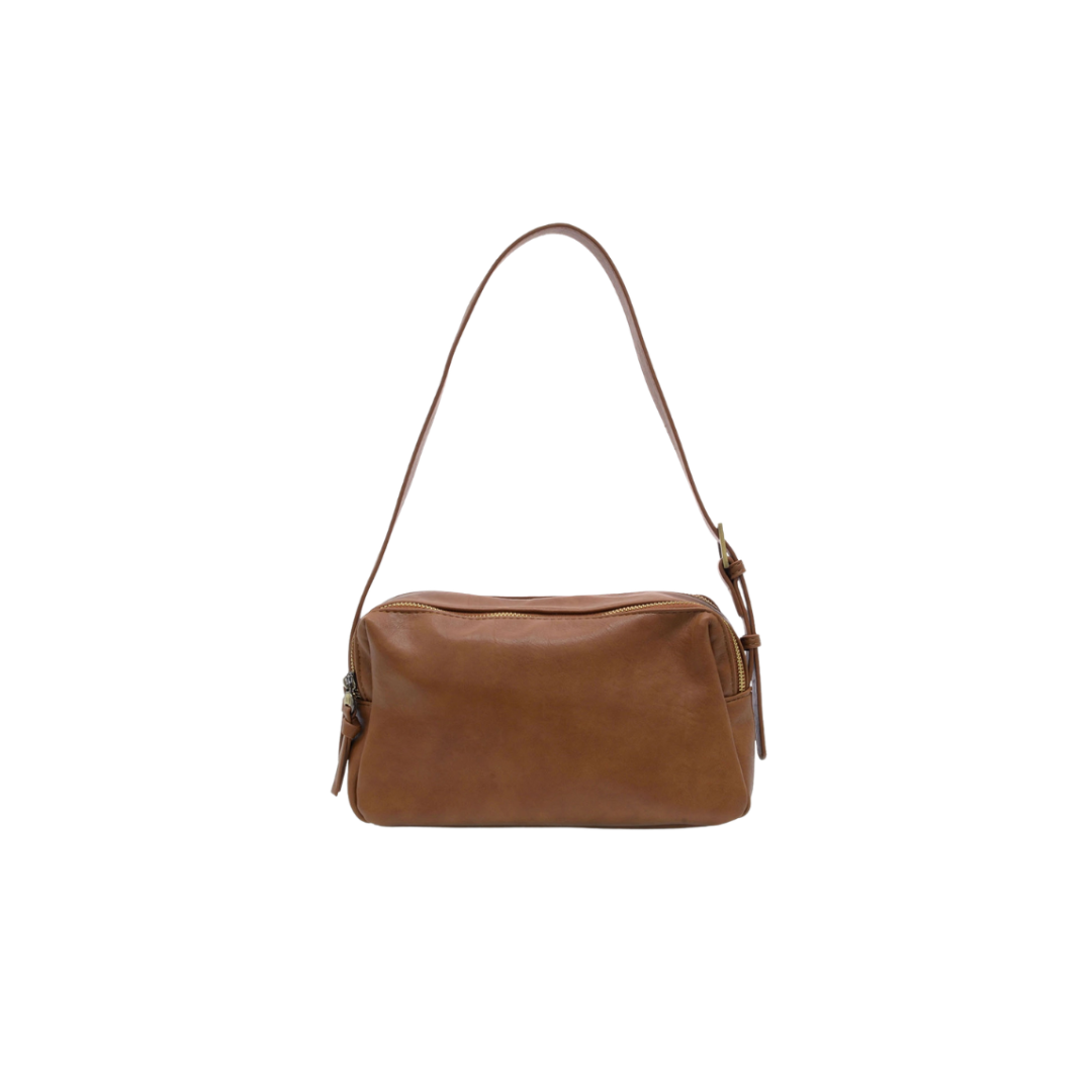 Brown leather handbag with a strap on a white background