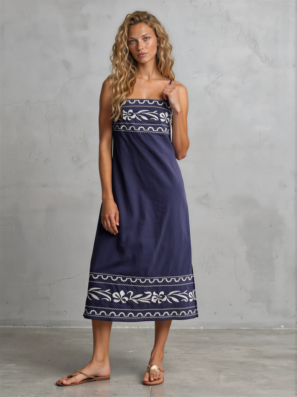 Embroidered Straight Neck Midi Dress