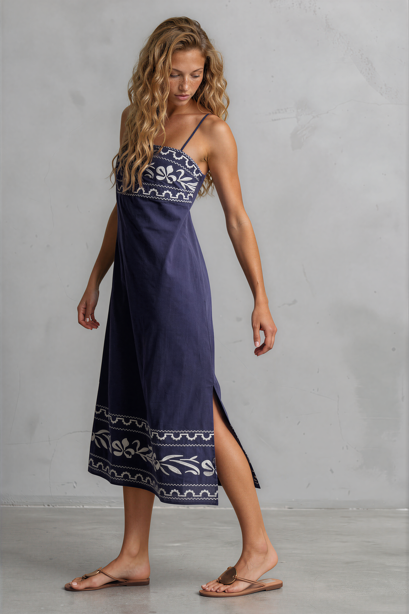 Embroidered Straight Neck Midi Dress