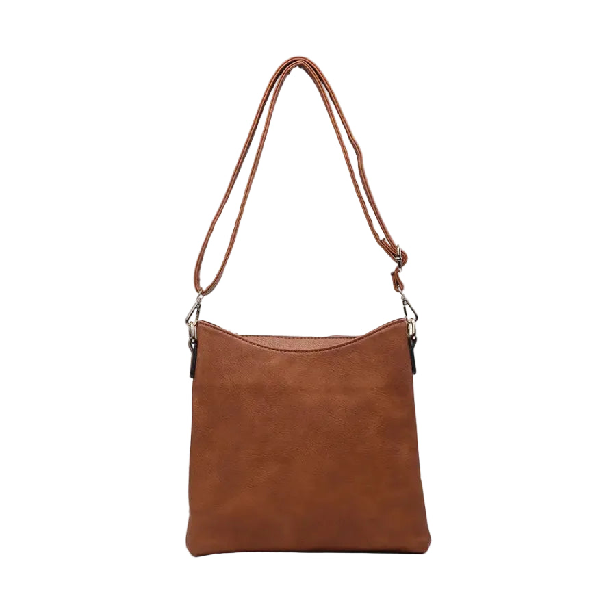 Jen & Co Emma brown crossbody bag with multiple compartments, stylish accessories bag for everyday use.