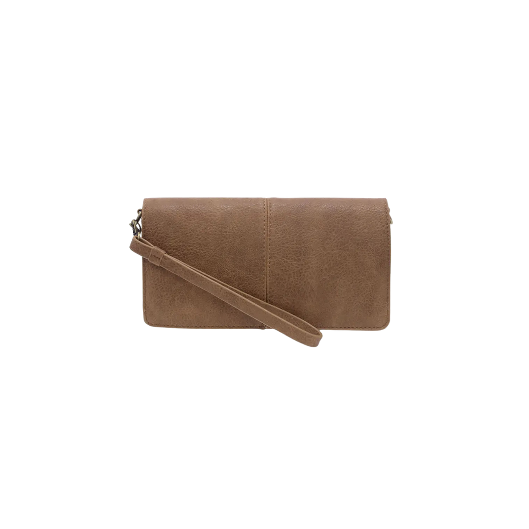 Brown clutch bag with a strap on a white background