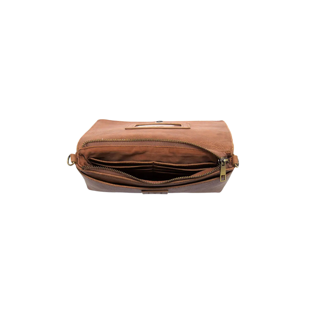 Brown leather bag with open compartment on a white background