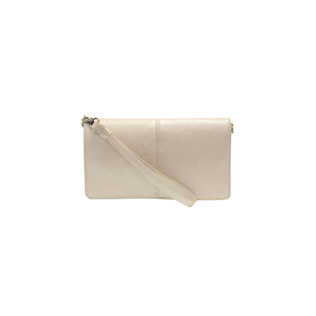 Beige clutch bag with a strap on a white background