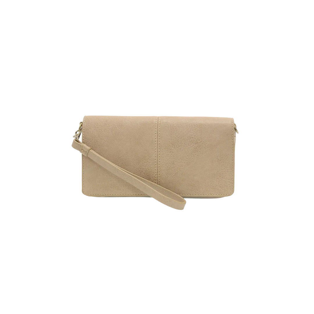 Beige clutch bag with a strap on a white background