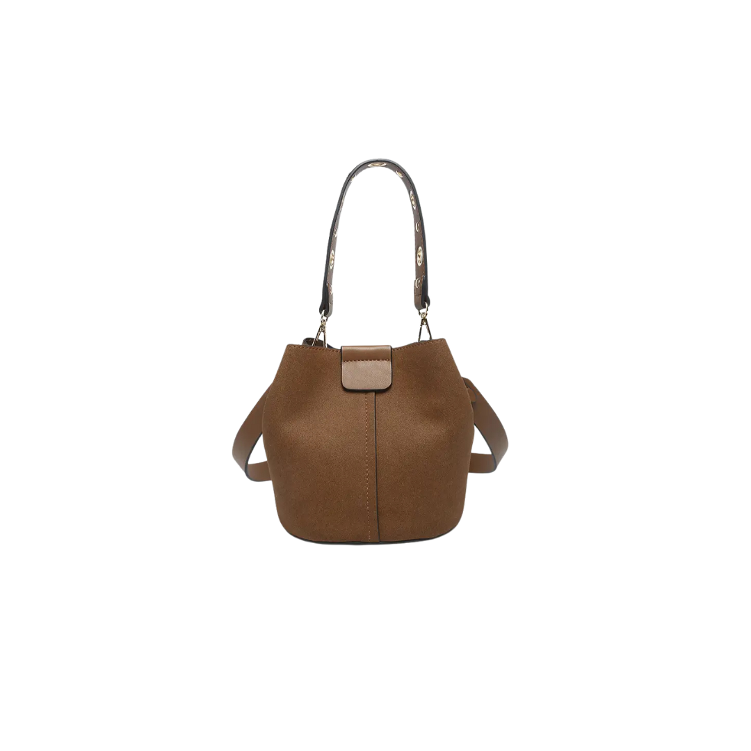 Brown handbag with a strap on a white background