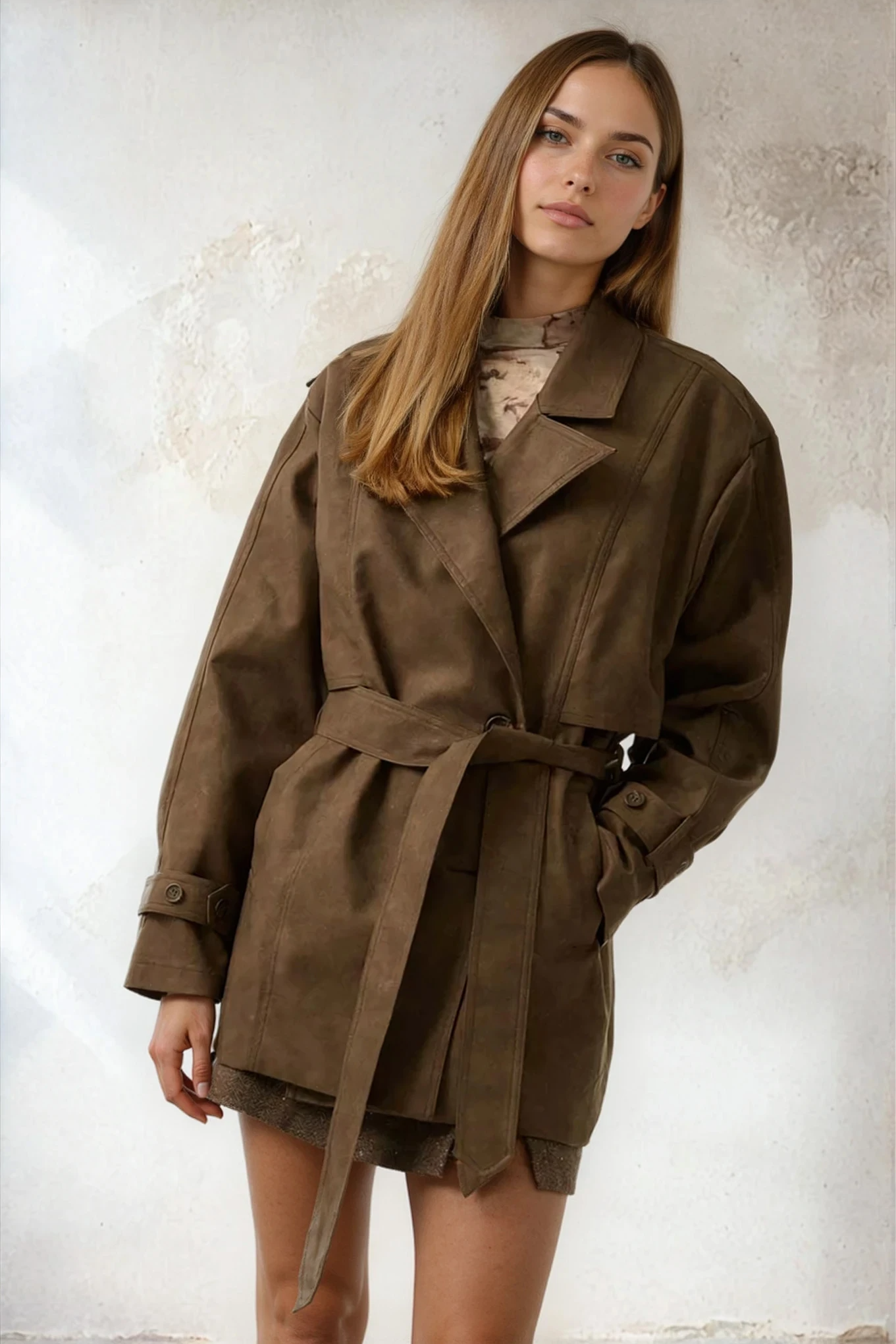 Woman wearing a brown trench coat against a textured white background