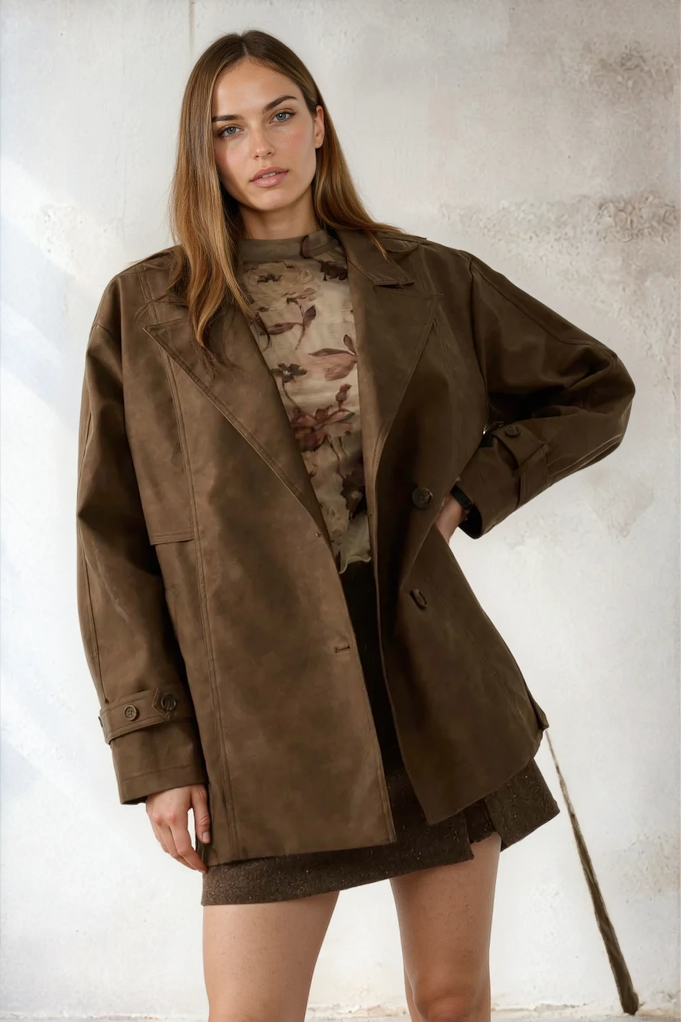 Woman wearing a brown coat over a patterned shirt against a textured white wall.